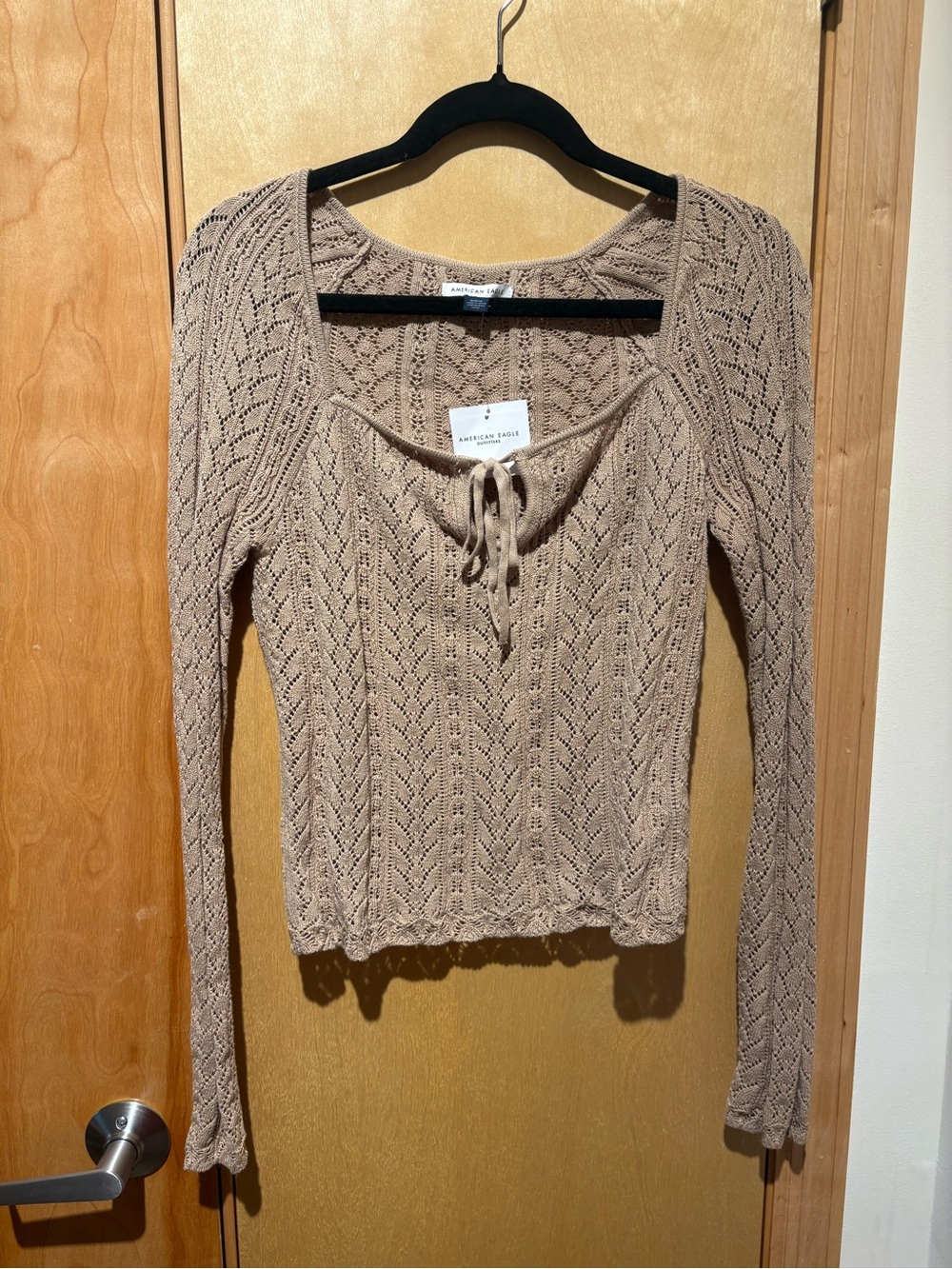 American Eagle Outfitters Taupe Knit Lace-Up Long Sleeve Top